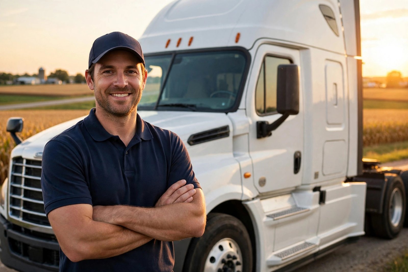 Airmount driver beside his truck at golden hour